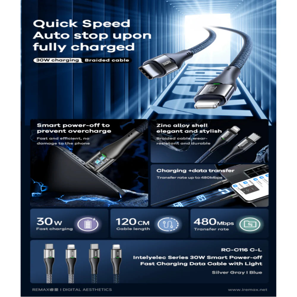 Remax Intelyelec Series 30W Fast Charging TYPE-C to lightning Data Cable RC-C116